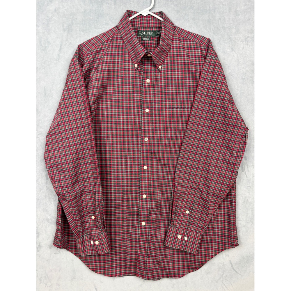 Lauren Ralph Lauren Mens Plaid Button Down Red Green Classic Fit 17.5 34-35